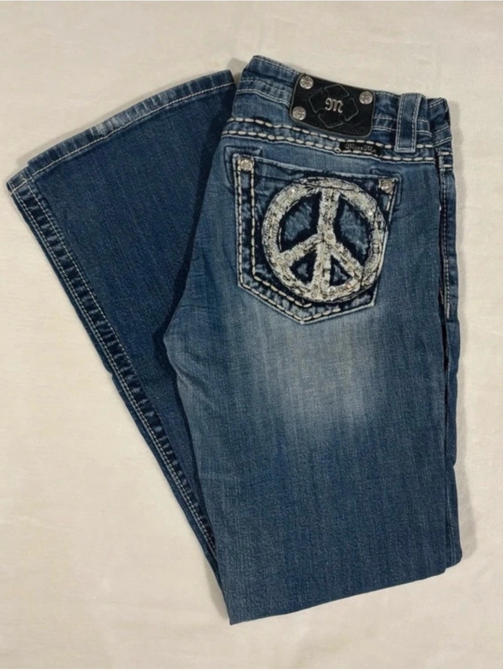 Miss Me Dark Blue Bootcut Jeans with Embellished Peace Pocket